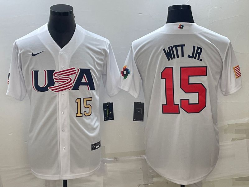 Men 2023 World Cub USA #15 Witt jr White Nike MLB Jersey3